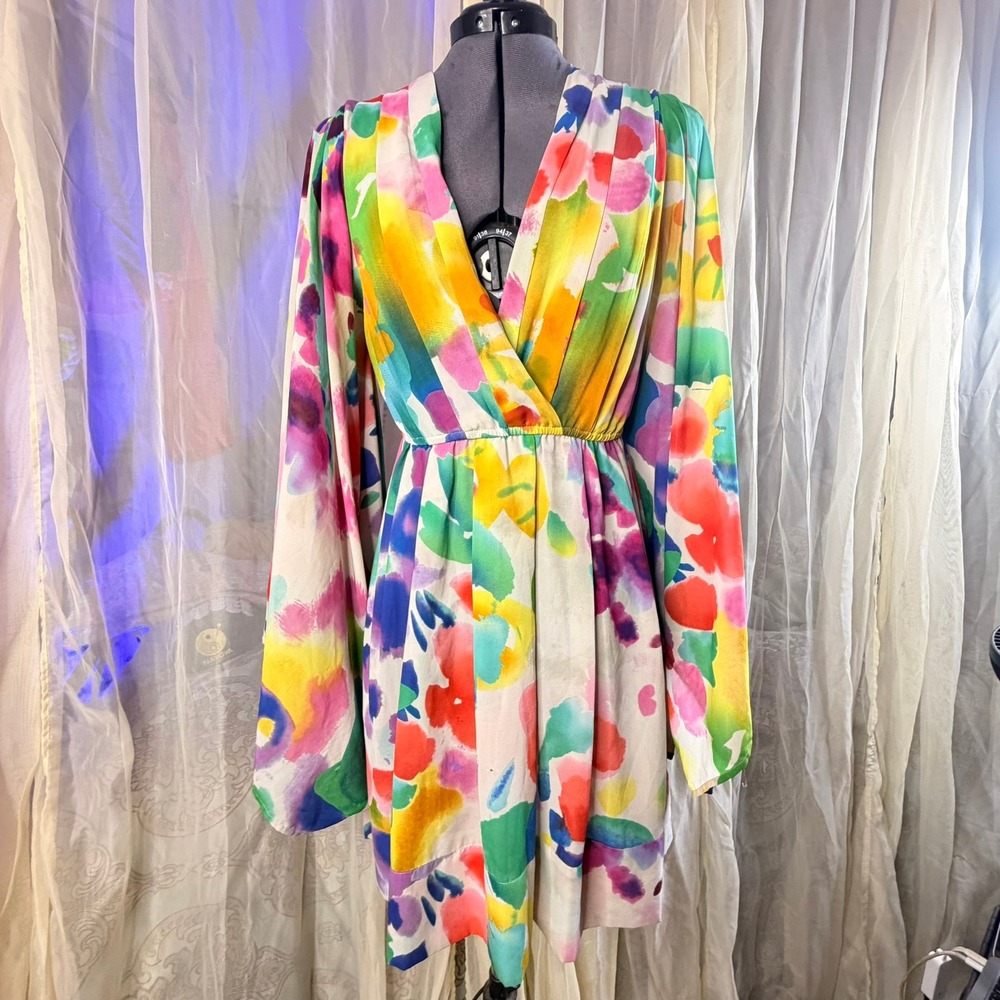 H&M The Garden Collection Watercolor Floral V-Neck Bell Sleeve Mini Dress 6